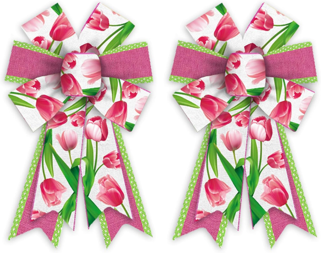 Threetols Floral Wreath Bows - 2 Pack Pink Tulip Design for Indoor/Outdoor Home Decor | DIY Craft