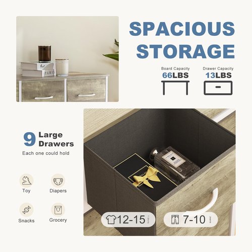 DUMOS 9 Drawer Dresser for Bedroom, Fabric Storage Organizer with Sturdy Metal Frame, Wooden Top Chest of Drawers for Closet Entryway Guest Room,Gold