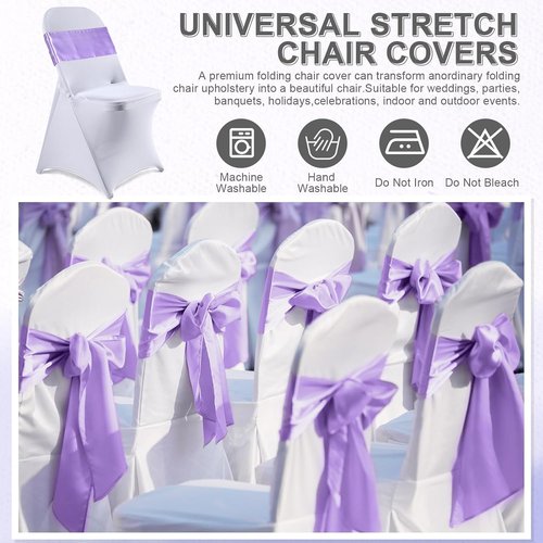 Lounsweer Folding Chair Cover Set - 50 Pcs with 25 Stretch Spandex Slipcovers & Satin Sashes | Wedding & Party Decor (White, Lavender)