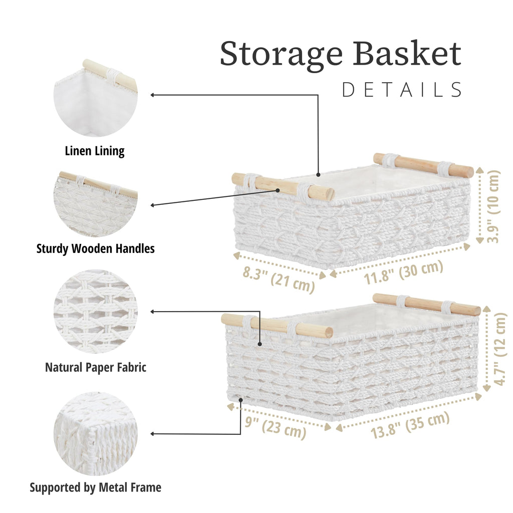 DECOMOMO White Wicker Baskets, Back of Toilet Basket, Bathroom Basket Organizer, Countertop, Home Decor (White, Set of 2)