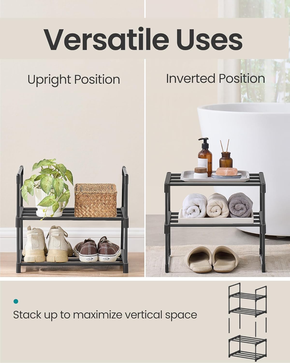 SONGMICS 2-Tier Shoe Rack - Stackable Metal Organizer for 3-6 Pairs | Black, 11.8 x 16.7 x 14.8 Inches