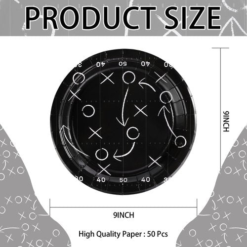 Grencian 50Pcs Black Football Party Plates 9" Heavy Duty Disposable Football Paper Plates for Sport theme Super Game Bowl Birthday Party Decorations Serve 50