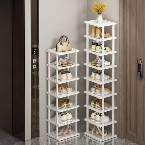 SAN HE Bamboo Shoe Rack 5Tier- Vertical White Shoe Rack for Small Spaces, Tall Narrow Shoe Rack Organizer for Closet Entryway Corner Garage and Bedroom,Skinny Shoe Shelf with Free Stackable DIY