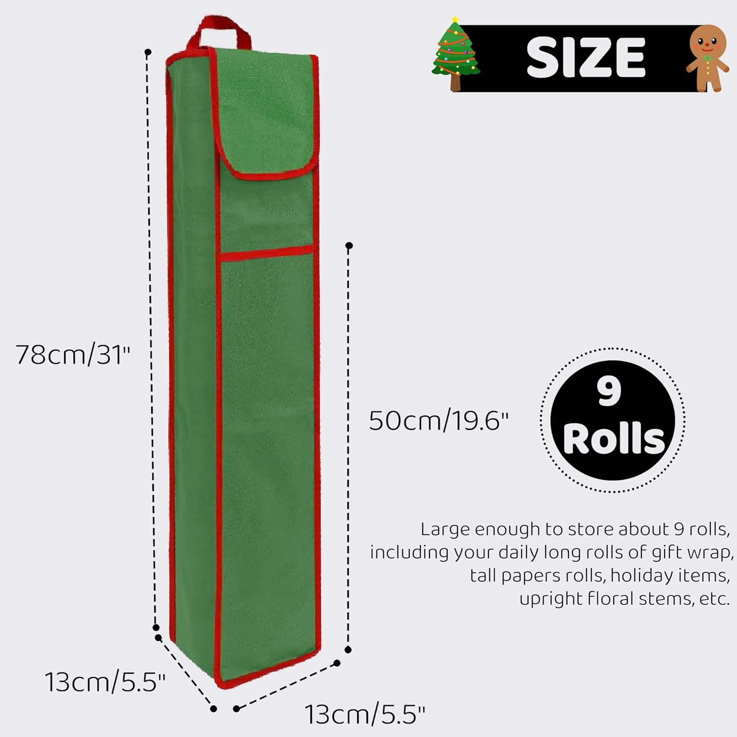 OUTTDID Wrapping Paper Storage Bag - 31" Gift Organizer with Pocket for 9 Rolls | Green