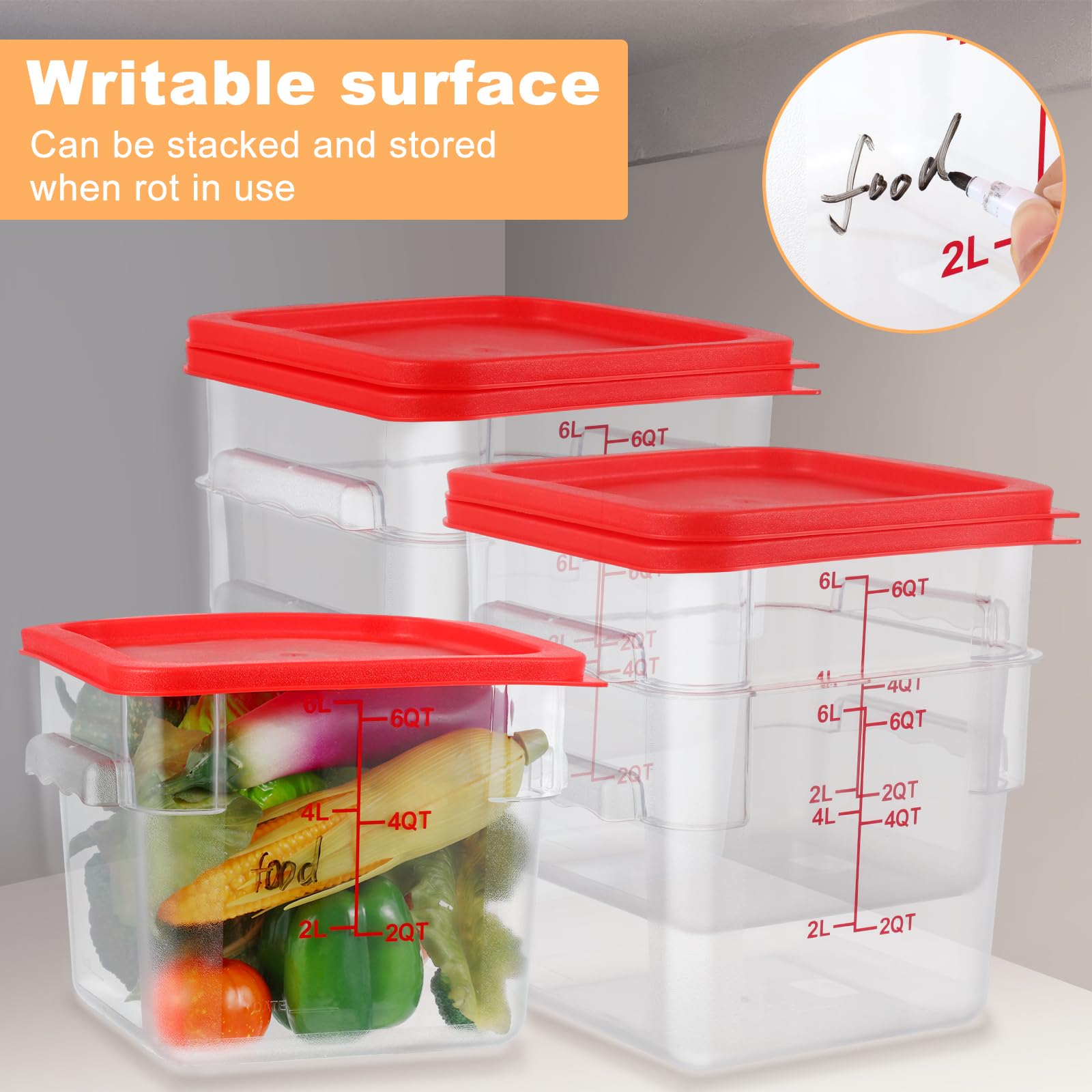 Ziliny 3 Sets 6 Qt Square Food Storage Containers with Lids Dough Proofing Bucket Commercial Polycarbonate Containers with Scale Clear Airtight Cereal for Pantry Home Restaurant (Red)