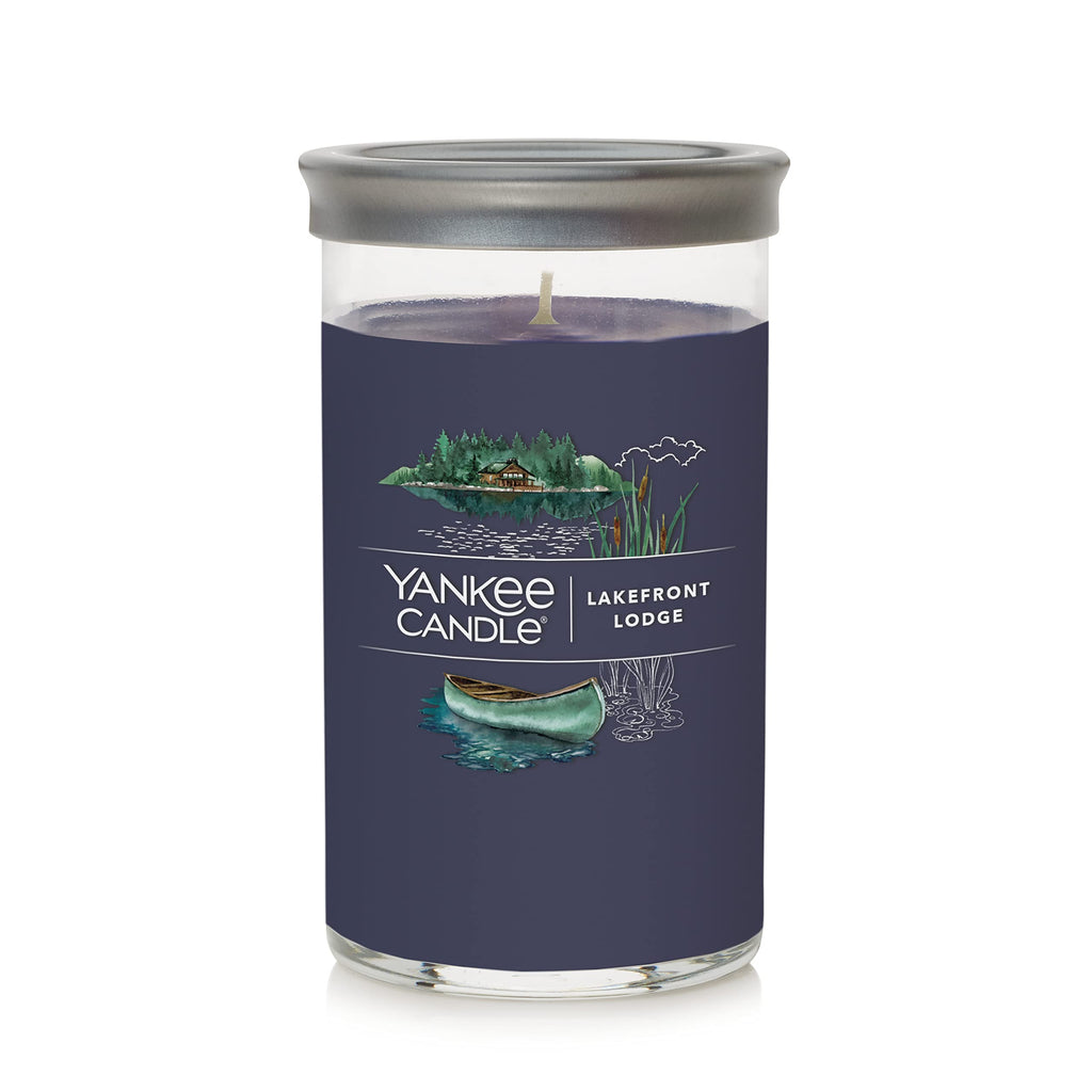 Yankee Candle Lakefront Lodge Signature Medium Pillar Candle - 14.25oz., Dark Blue - Soy Wax Blend, Metal Lid Coaster - Home & Kitchen Décor
