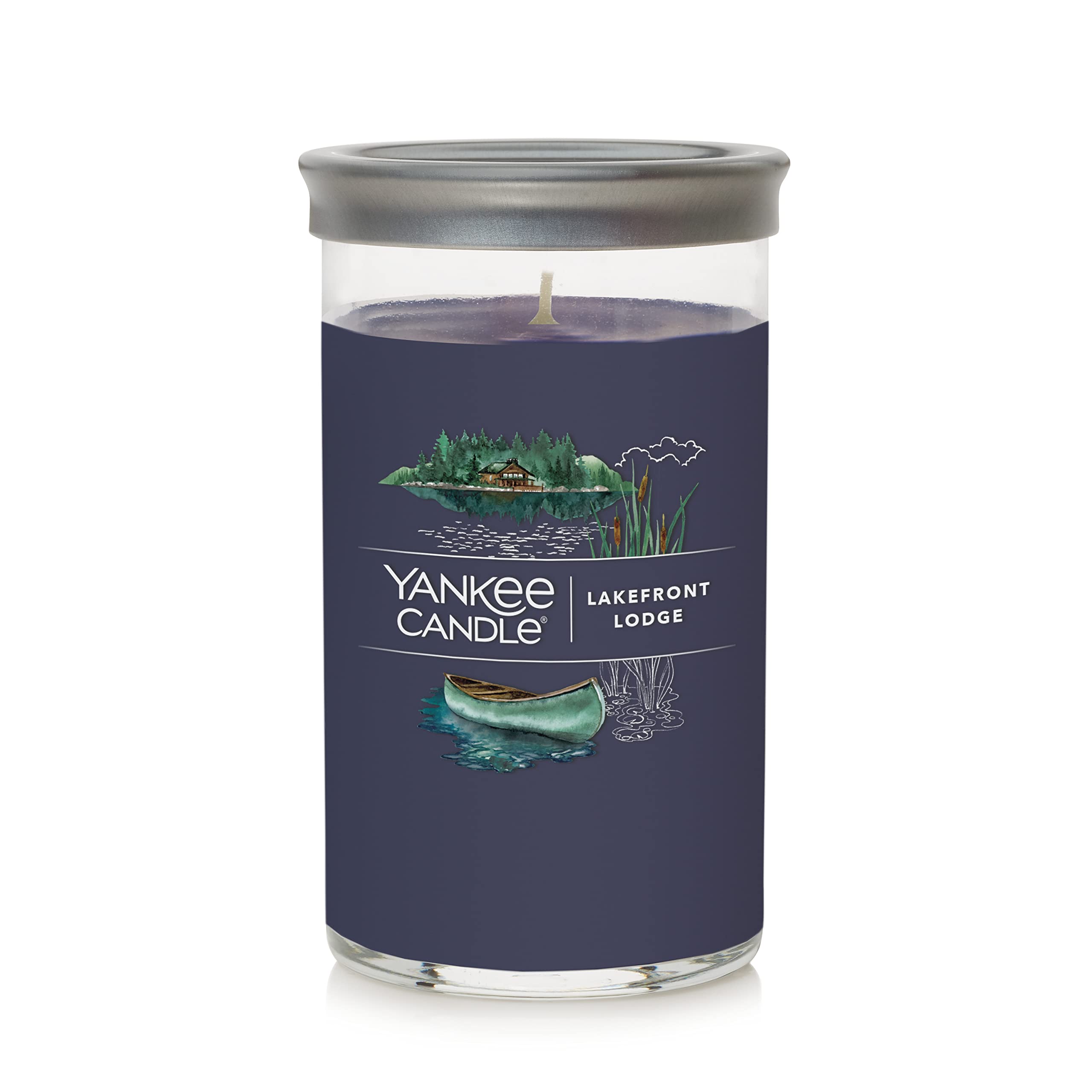 Yankee Candle Lakefront Lodge Signature Medium Pillar Candle - 14.25oz., Dark Blue - Soy Wax Blend, Metal Lid Coaster - Home & Kitchen Décor