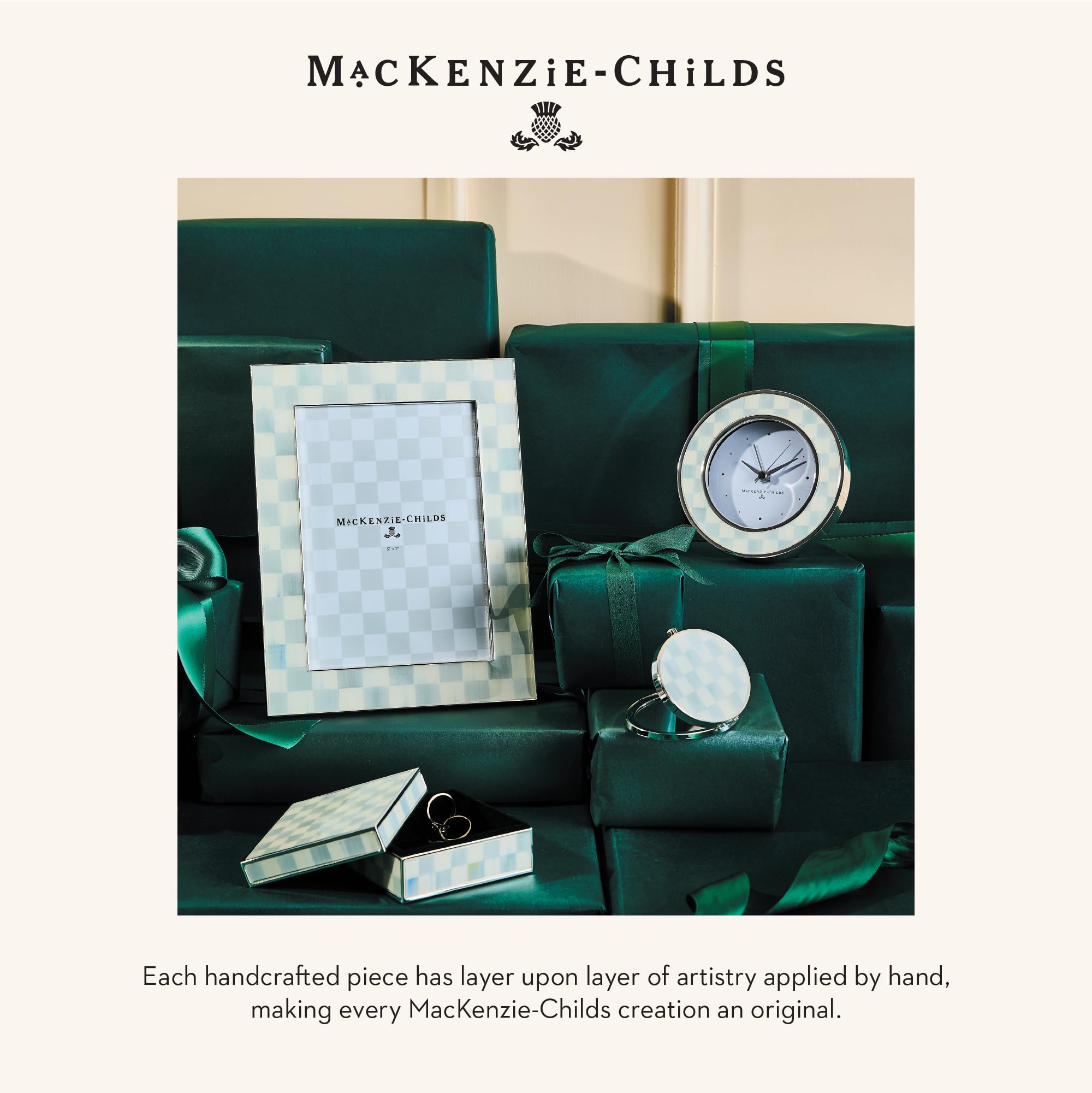 MACKENZIE-CHILDS Silver-Plated Round Desk Clock, Decorative Clock for Living Room, Kitchen, or Office, Gray-and-White Sterling Check