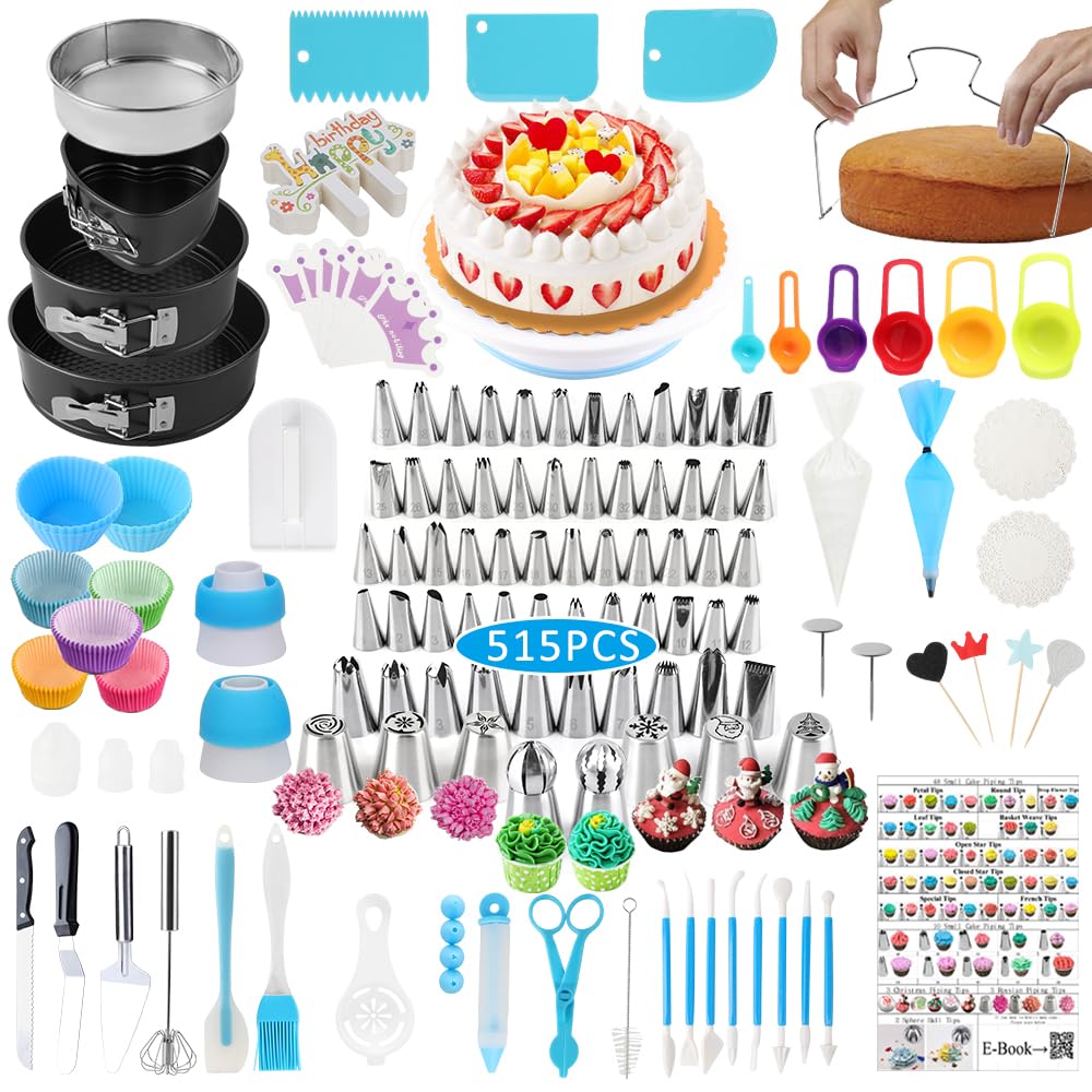 Cake Decorating Kit Cake Decorating Supplies, 515 PCS Baking Supplies Set with 3 Springform Pan Sets, 66 Icing Piping Nozzles, Cake Rotating Turntable, Piping Bags, Birthday Gifts for Mom Wife