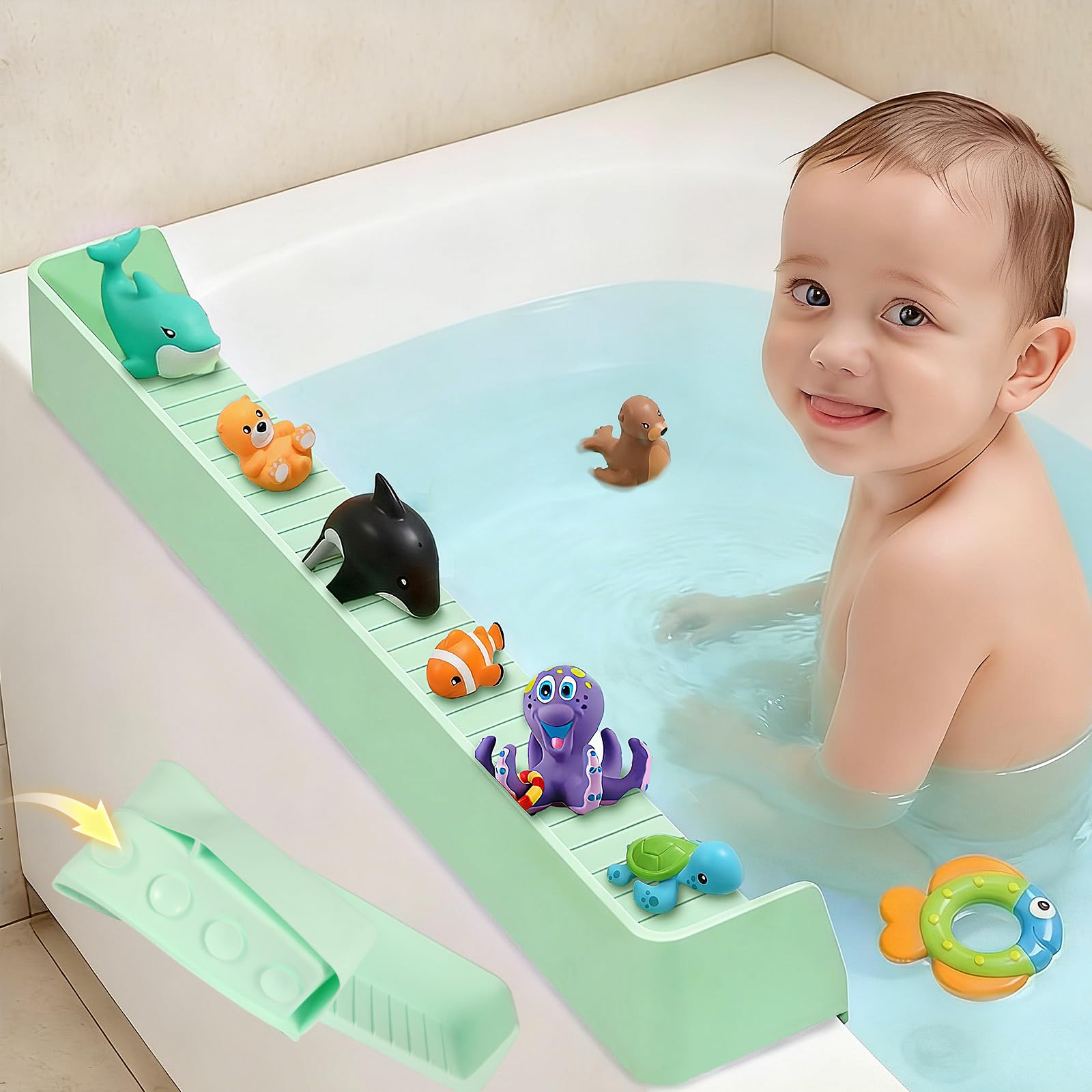 Bathtub Splash Guard for tub Kids& Bath Shelf for Kids – Toddler Bath Tray, Bath Toys Storage & Ledge Organizer – Splash Guard for Bathtub with Suction Cups – Kids Bathroom Accessories(2.6FT, Green)