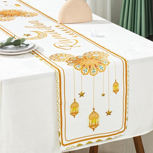 Eid Mubarak Table Runner Decorations,White and Gold Ramadan Mosque Lattern Happy Holiday Kitchen Dining Table Decor for Home Party Supplies 13 x 72 Inch
