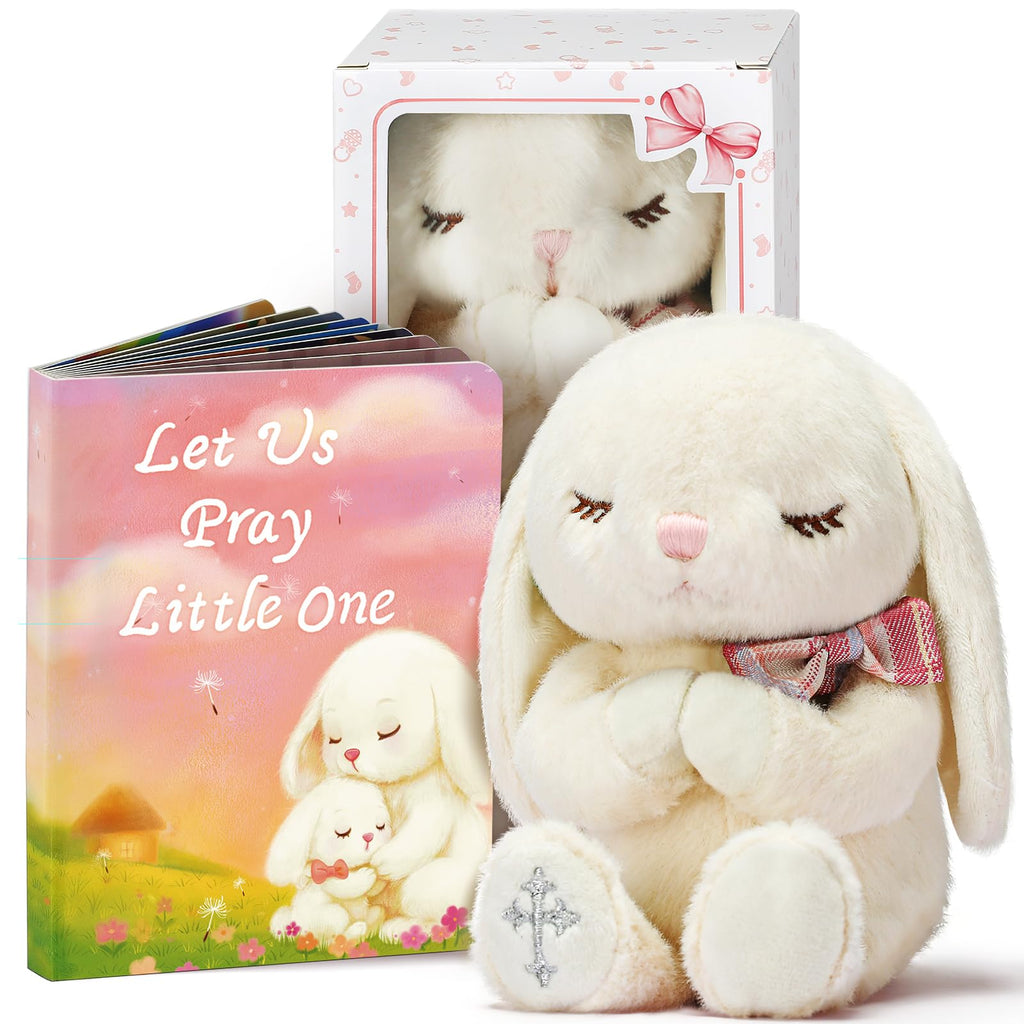 MyMateZoe Baptism Gifts for Girl, Great Christening, Dedication and Baptism Gift Set for Girl and Newborn Baby, Includes 7" Praying Bunny Plush Toy and Let Us Pray Baby Book in Keepsake Gift Box