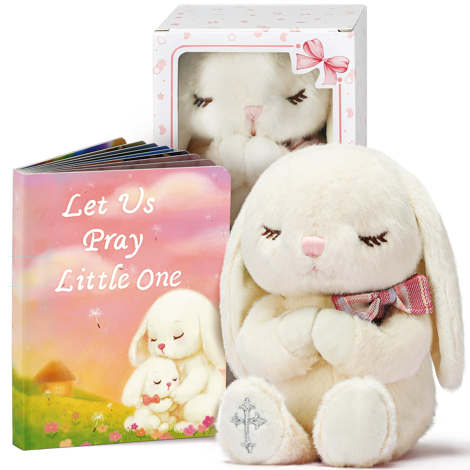 MyMateZoe Baptism Gifts for Girl, Great Christening, Dedication and Baptism Gift Set for Girl and Newborn Baby, Includes 7" Praying Bunny Plush Toy and Let Us Pray Baby Book in Keepsake Gift Box