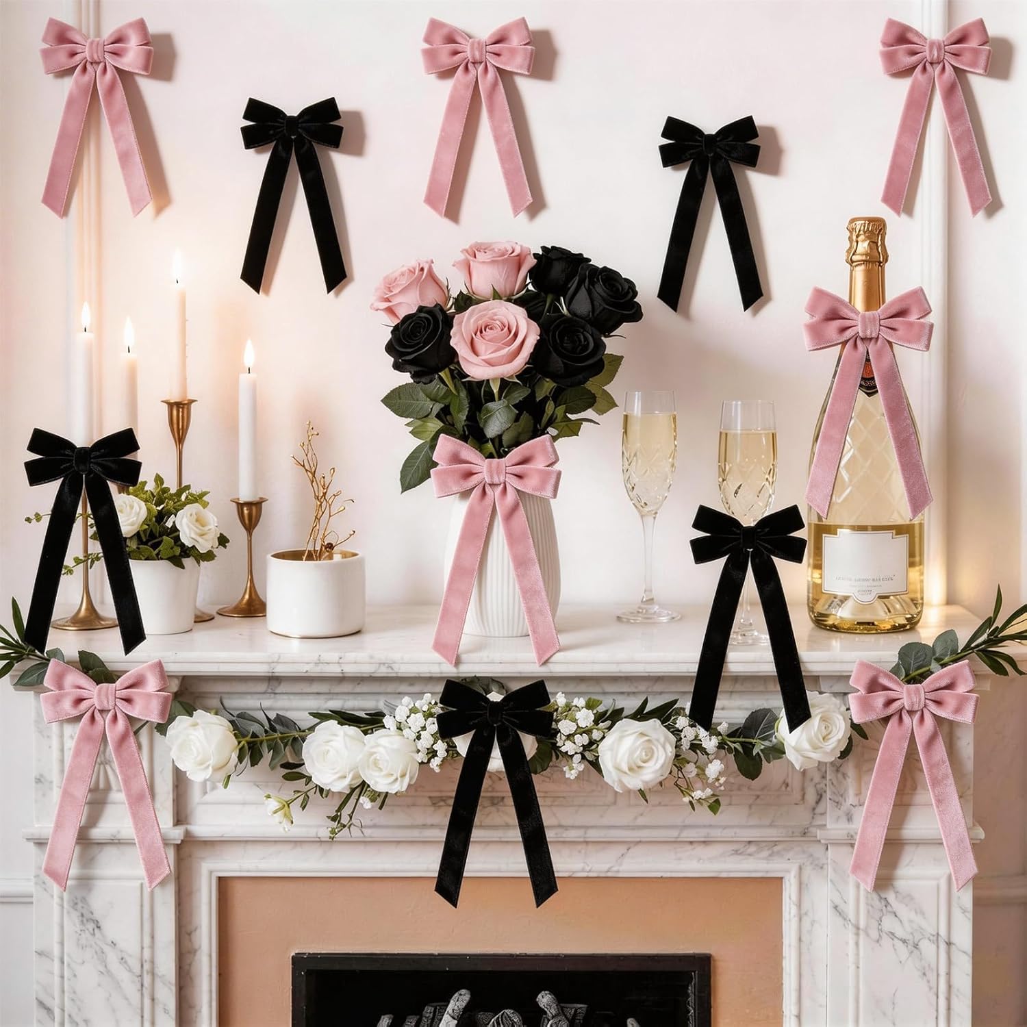 Skiennix Velvet Bows - 12 Pcs Pink & Black Pre-Tied Ribbon Bows for Y2K Room Decor | Perfect for Bachelorette & Sweet 16 Parties