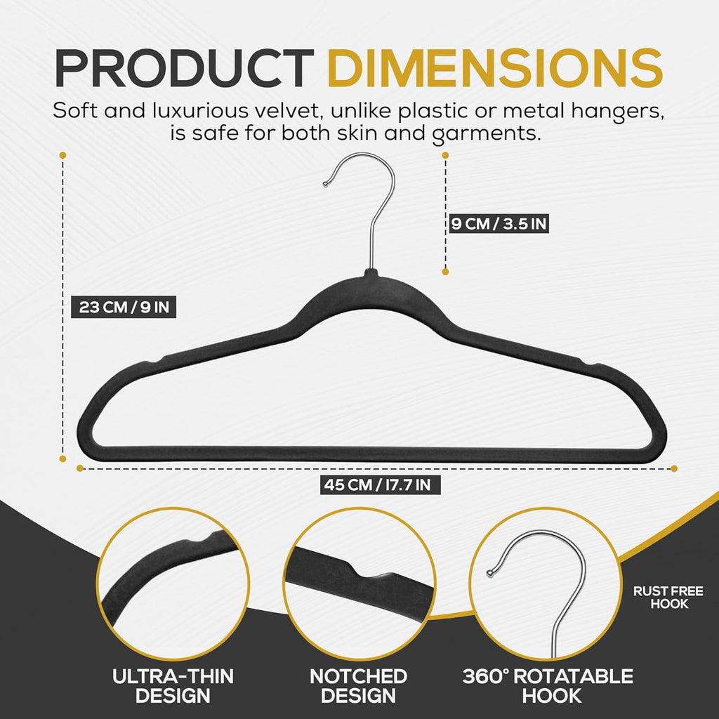 Techzoo Velvet Hangers - Ultra Thin Non-Slip Design for Space Saving | 50 Pack in Black