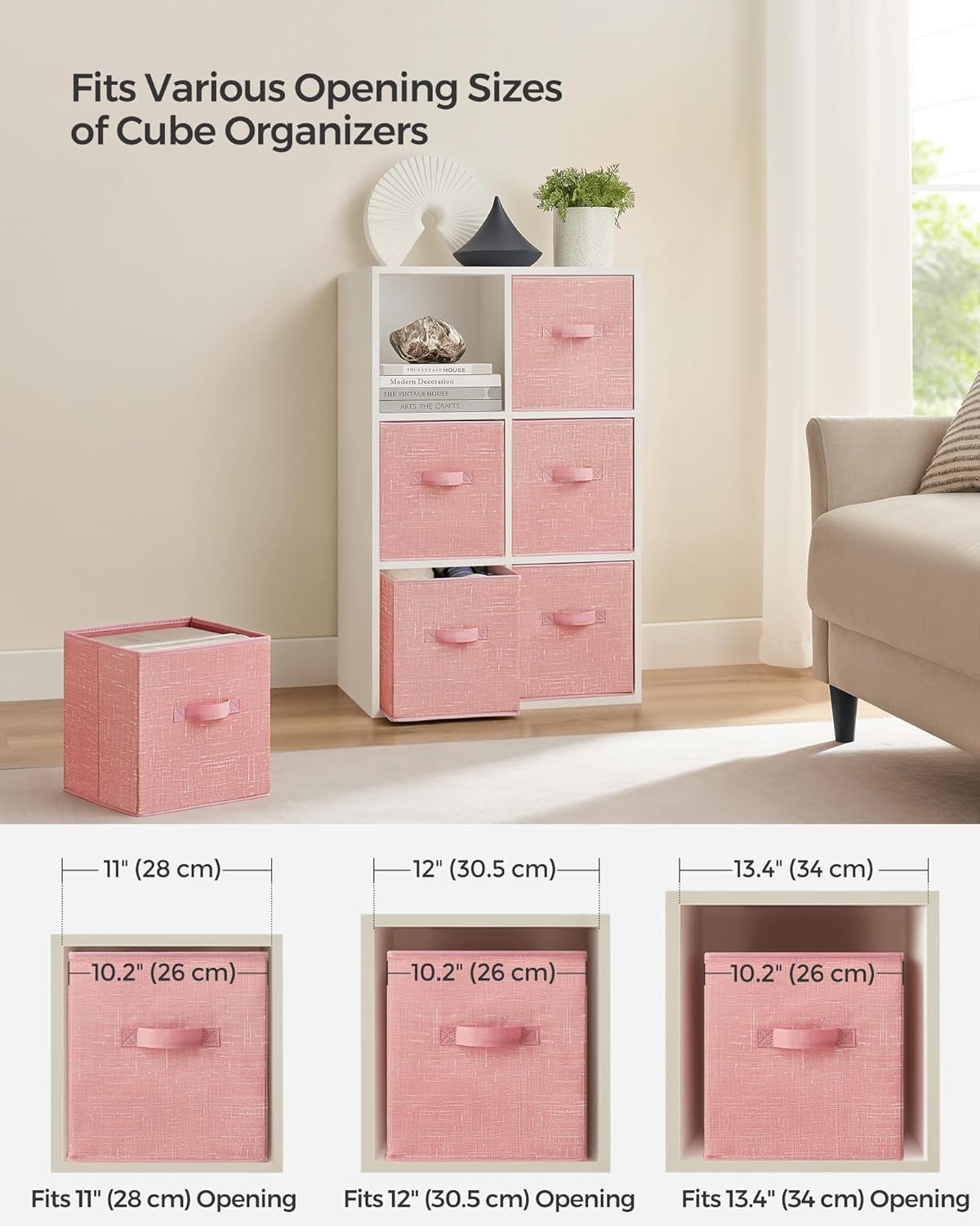 SONGMICS Storage Cubes - 11-Inch Non-Woven Fabric Bins with Double Handles | Set of 6 in Jelly Pink for Closet Organization