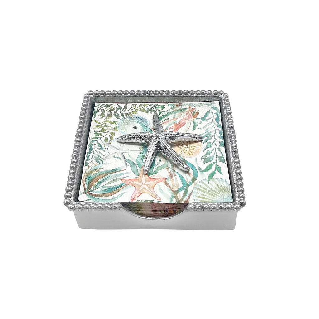 MARIPOSA SPINY STARFISH BEADED NAPKIN BOX SET | SILVER | BRILLANTE | GIFTS | NAPKIN BOX & WEIGHT SET | RECYCLED SANDCAST ALUMINUM | HANDMADE IN MEXICO