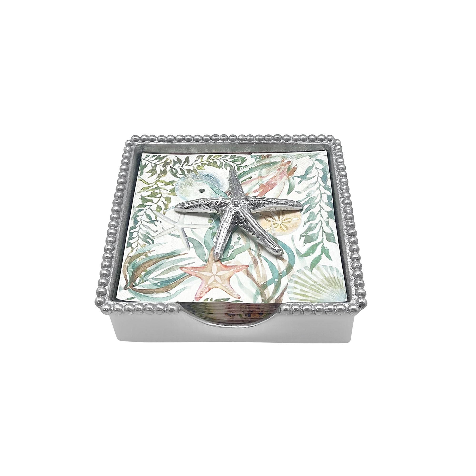 MARIPOSA SPINY STARFISH BEADED NAPKIN BOX SET | SILVER | BRILLANTE | GIFTS | NAPKIN BOX & WEIGHT SET | RECYCLED SANDCAST ALUMINUM | HANDMADE IN MEXICO