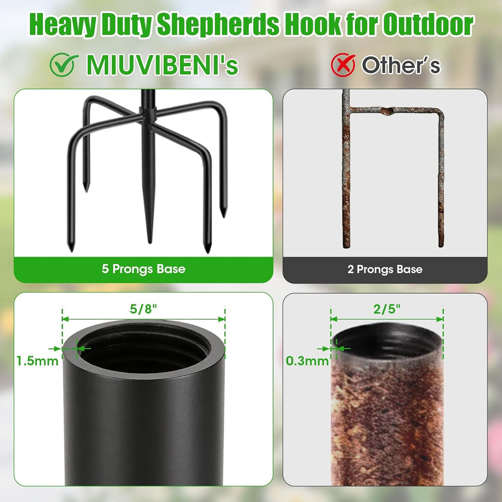 Skiennix 79-Inch Double Shepherds Hooks - Heavy Duty Bird Feeder Pole with 5-Prong Base for Lanterns & Hummingbird Feeders