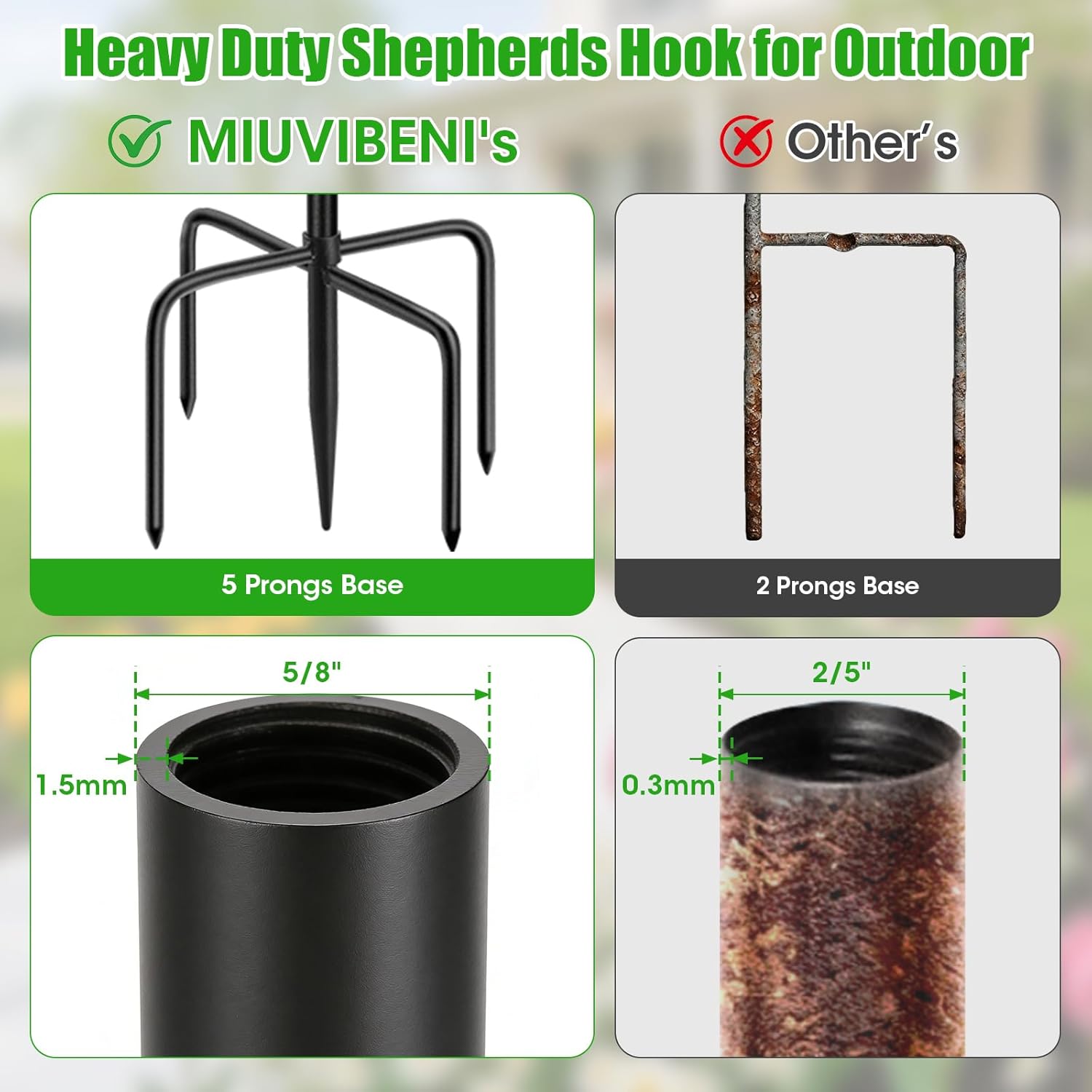 Skiennix 79-Inch Double Shepherds Hooks - Heavy Duty Bird Feeder Pole with 5-Prong Base for Lanterns & Hummingbird Feeders