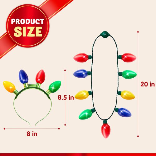 JOYIN 6 Pcs Christmas Light Up Headband and Necklace with 6 Flashing Modes, LED Christmas Bulb Lights Necklace Headband for Kids Women Men Xmas Party Supplies Accessories