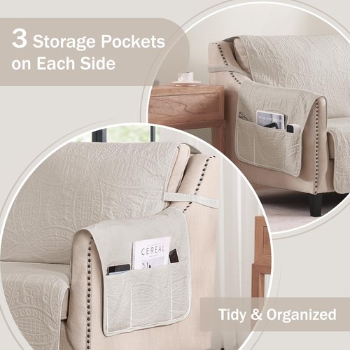 Pamhaven Beige Quilted Recliner Chair Covers, Water-Repellent Recliner Slipcovers, Lazy Boy Chair Covers, Pet Friendly Recliner Covers for Dog, Washable Armchair Protector (Recliner 22", Beige Cream)