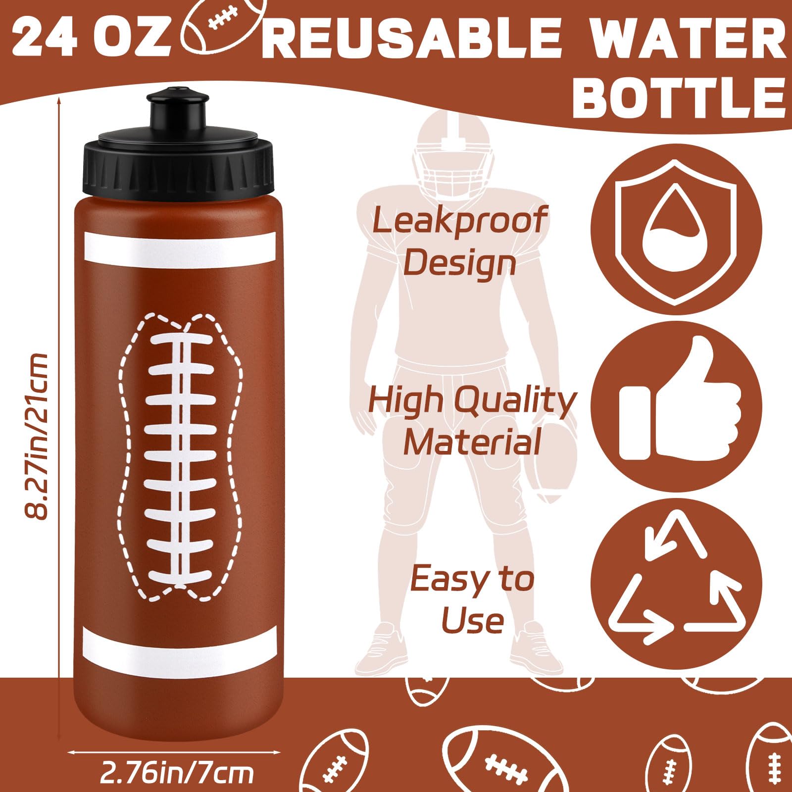 Denylo pro 24 Sets Football Water Bottle with Football Drawstring Bag Set Plastic Brown Water Bottles for Rugby Player Sport Gym Party Favor