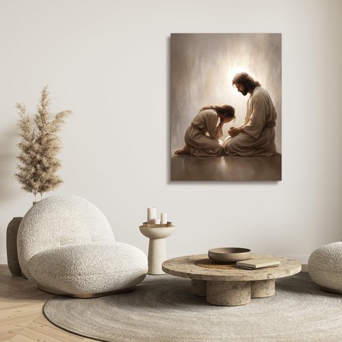 FASWQ Framed Jesus and Woman Wall Art - Christian Canvas Painting for Home | 12x16 Inch Sacred Heart Decor