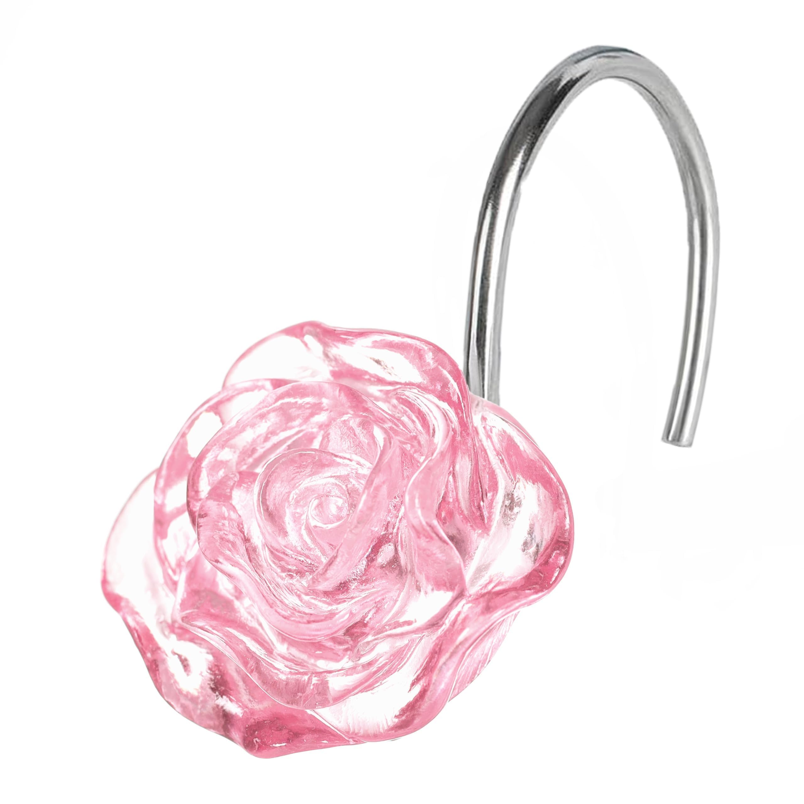 Pink Flower Shower Curtain Hooks: 12 Pcs Blush Crystal Ice Textured Decorative Rings for Floral Rose Leaf Plant Spring Shower Curtain - Cute Rustproof Hangers for Girls Bathroom & Valentines Day Decor