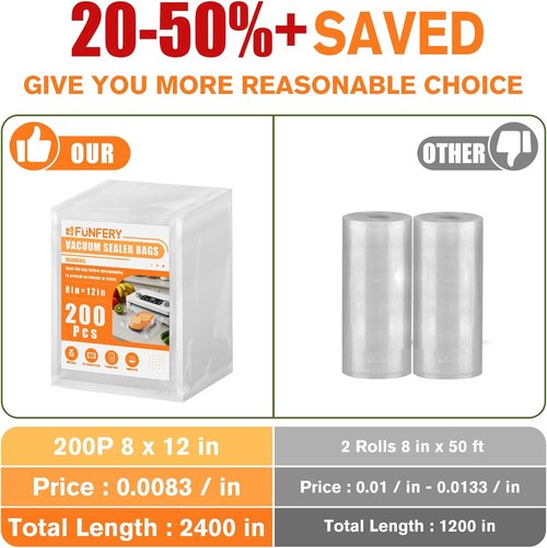 FUNFERY Vacuum Sealer Bags - Precut 200 Quart, 8" x 12" | BPA-Free for Long-Term Food Storage & Sous Vide