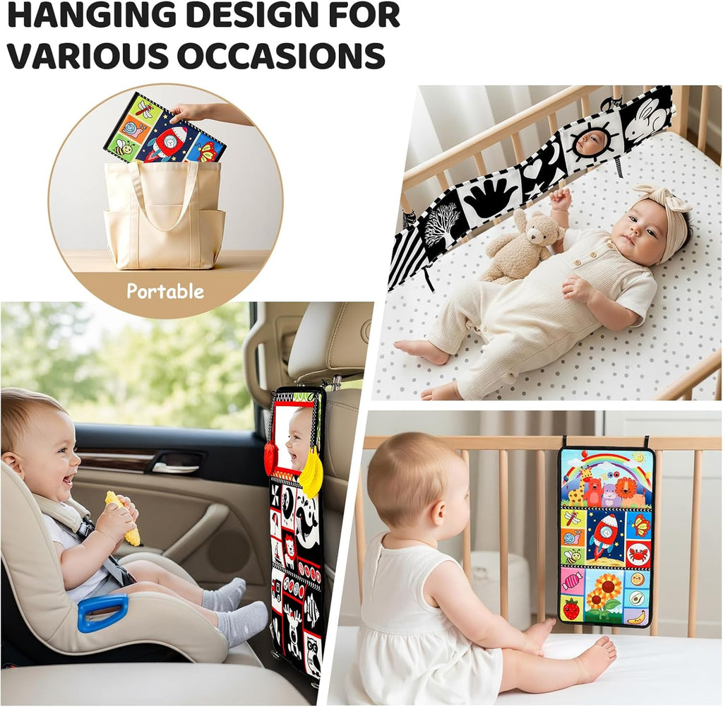 Skiennix 3PCS High Contrast Baby Toys - Tummy Time Mirror & Crinkle Cloth Teether for Newborns
