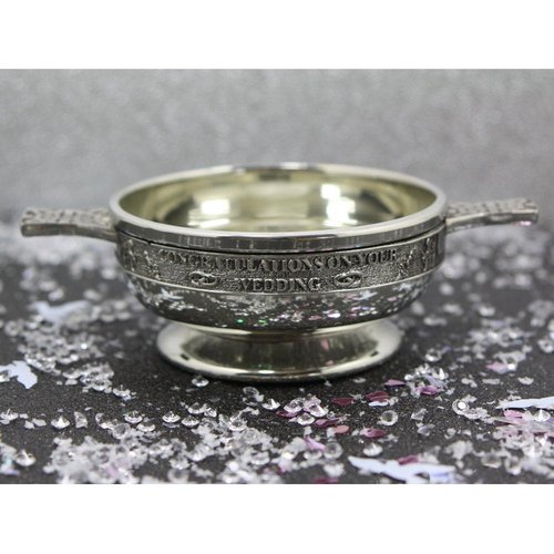 English Pewter Company Congratulations On Your Wedding Quaich Whisky Tasting Bowl Loving Cup with Celtic Handles - 3.5" Diameter [WD255]