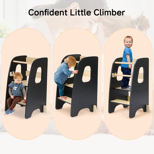 Ezebaby Toddler Kitchen Stool Helper, Standing Tower for 1.5-6 Year Olds, Rounded Edge Design & Anti-Tip Base, Removable Rail Kitchen Step Stool-Black
