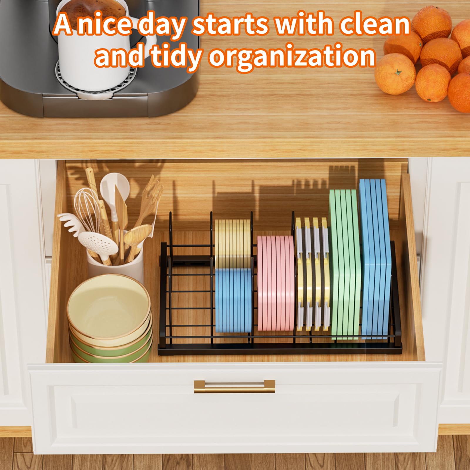 Food Container Lid Organizer for Cabinet, 6 Adjustable Dividers Metal Pot Lid Organizer, Pots and Pans Organizer Under Cabinet Storage Plastic Lids Pots Cookie Sheets for Cabinets, Cupboards, Drawers