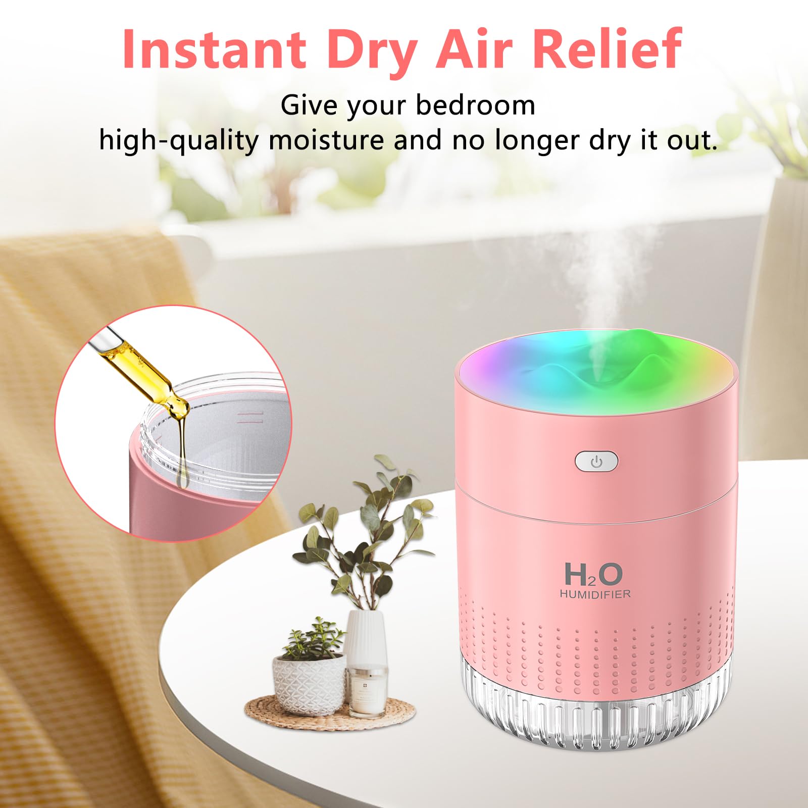 Portable Small Humidifiers for Bedroom Baby, Rechargeable Mini Cool Mist Plant Humidifier for Plants, Quiet Desktop Humidifier with 2 Working Modes & Colorful Night Light for Travel, Office, Bedroom