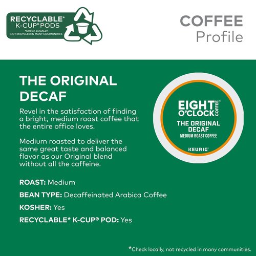 Eight O'Clock Coffee Decaf Medium Roast K-Cup Pods - Single-Serve Coffee Pods, 32 Count