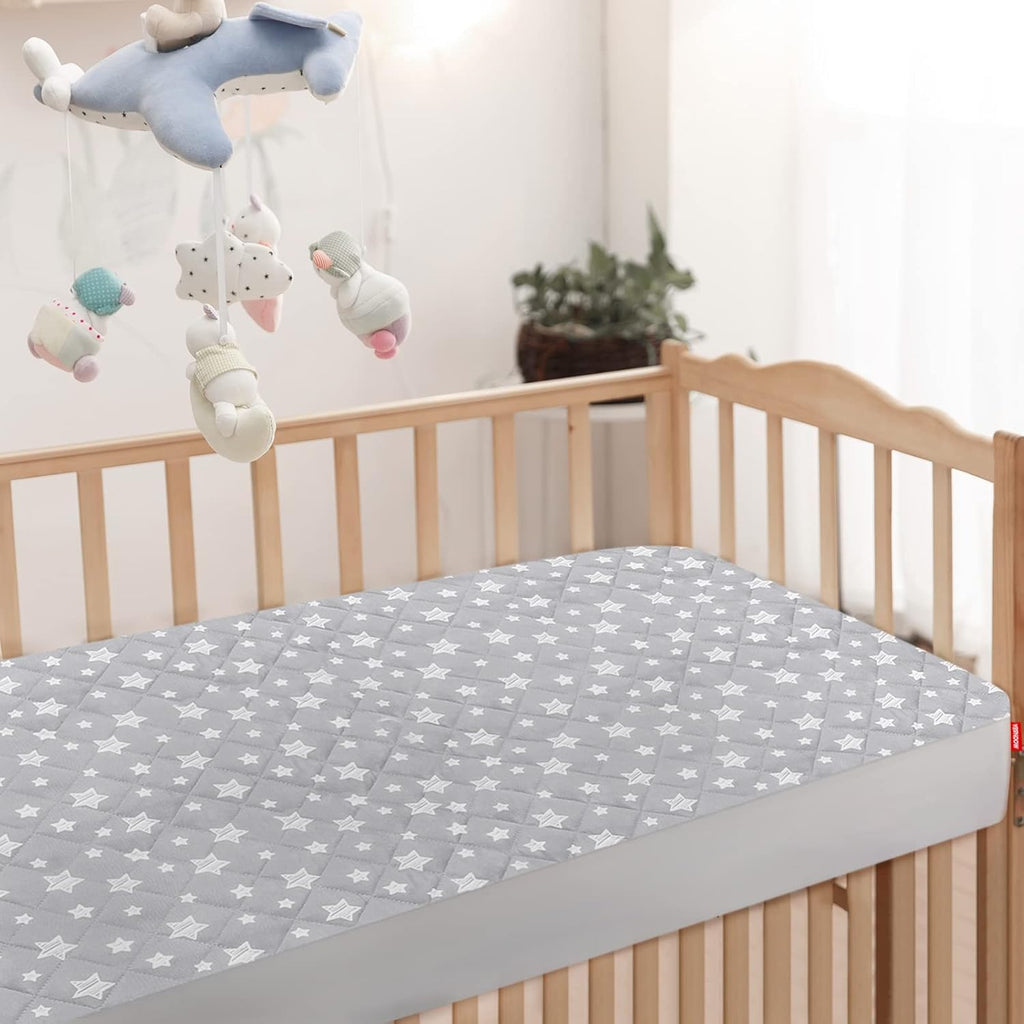 Skiennix Crib Mattress Protector - Waterproof Quilted Pad Cover | Extra Soft & Breathable, 52" x 28", Grey Star