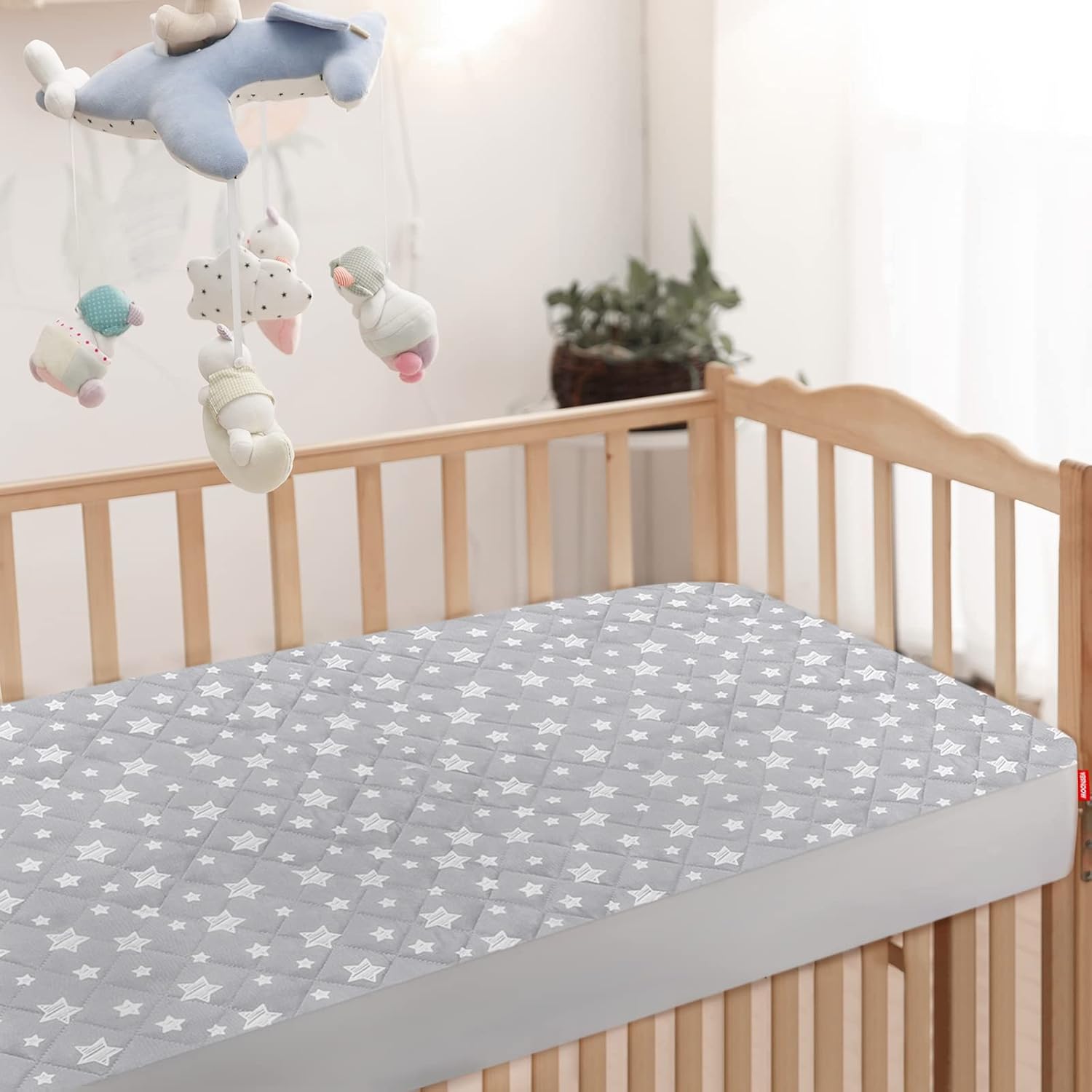 Skiennix Crib Mattress Protector - Waterproof Quilted Pad Cover | Extra Soft & Breathable, 52" x 28", Grey Star