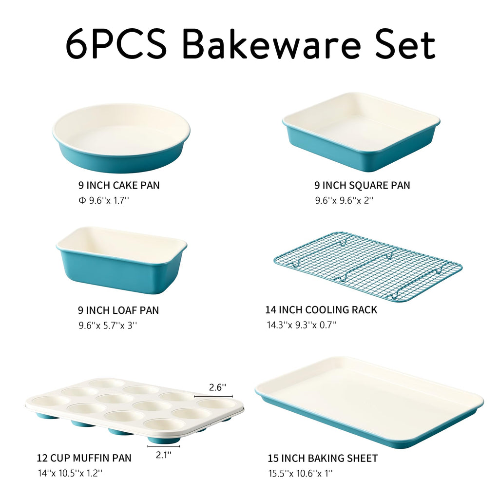 CAROTE 6-Piece Ceramic Baking Pans Set, Aluminized Steel Bakeware Sets, Toxin-Free Nonstick Stackable Oven Pans with Cookie Sheet, Muffin Pan, Loaf Pan, Round & Square Cake Pan, Cooling Rack
