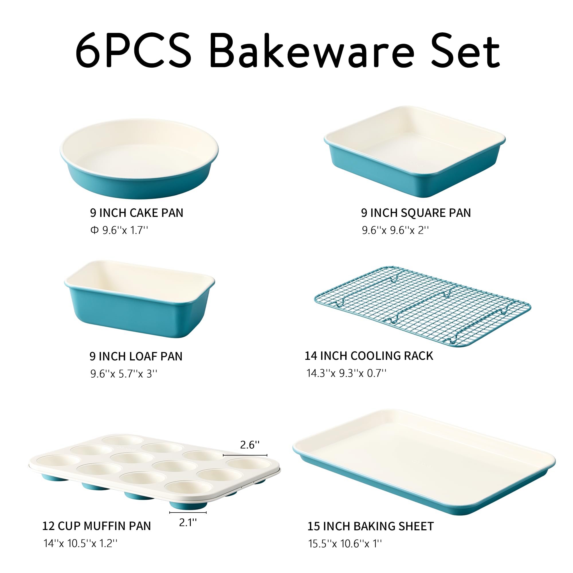 CAROTE 6-Piece Ceramic Baking Pans Set, Aluminized Steel Bakeware Sets, Toxin-Free Nonstick Stackable Oven Pans with Cookie Sheet, Muffin Pan, Loaf Pan, Round & Square Cake Pan, Cooling Rack