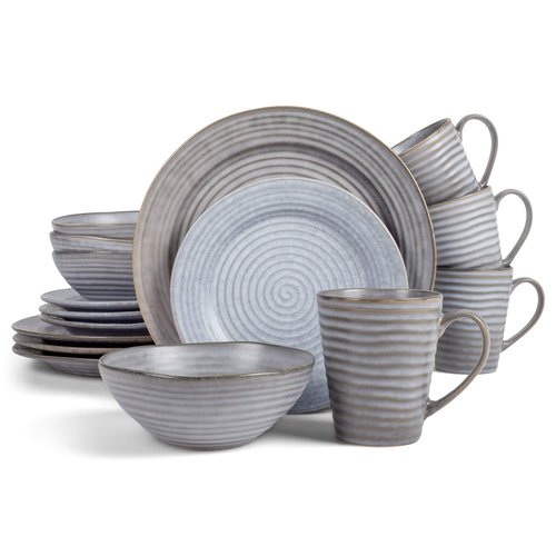 Elanze Designs Charming Chic Ribbed Modern Thrown Pottery Look Ceramic Stoneware Plate Platter Mug & Bowl Kitchen Dish Dinnerware 16 Piece Set - Service for 4, Slate Grey