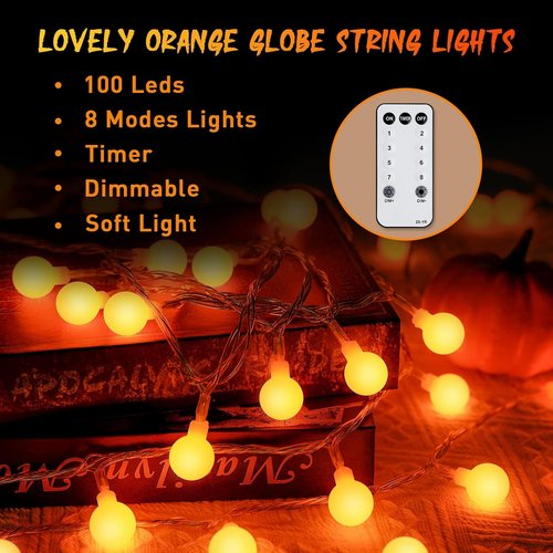 JMEXSUSS 100 LED Orange Globe String Lights - 33ft Indoor/Outdoor with Remote & 8 Modes for Fall Decor