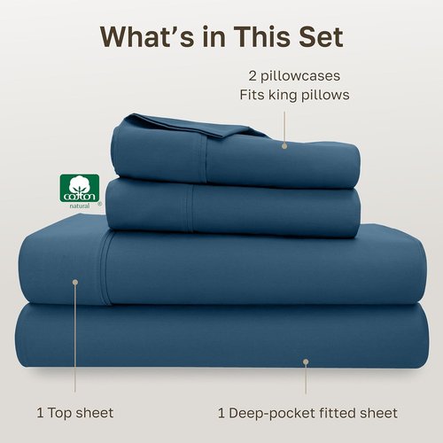California Design Den King Size Cotton Sheet Set - 100% Long Staple, 400 Thread Count, Silky Sateen - Peacock Blue
