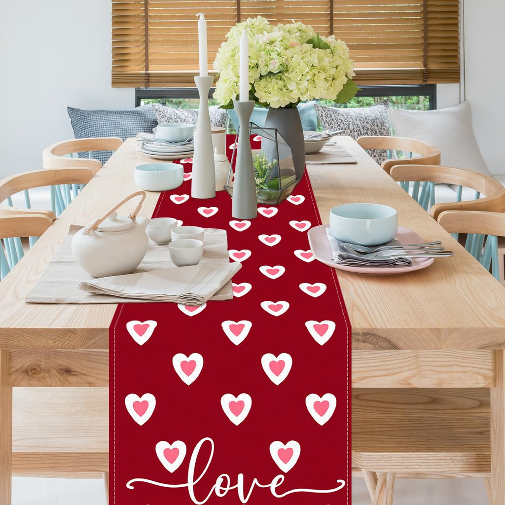 Valentine's Day Table Runner Linen Red Love Heart Table Runner Love Cloth Dresser Scarves for Valentines Holiday Home Kitchen Dining Style Table Decoration (13*72 Inch)