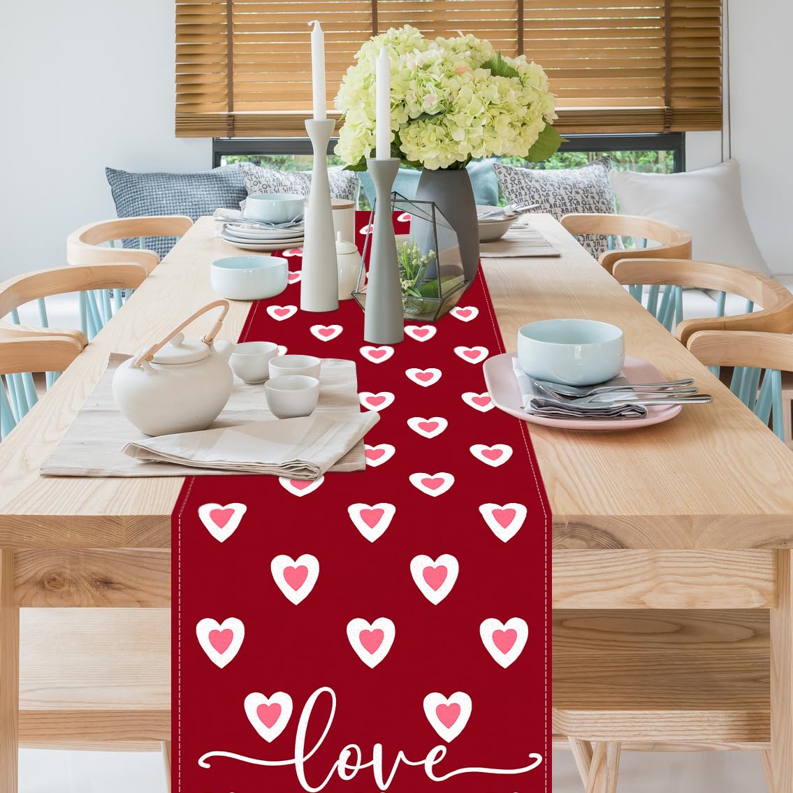 Valentine's Day Table Runner Linen Red Love Heart Table Runner Love Cloth Dresser Scarves for Valentines Holiday Home Kitchen Dining Style Table Decoration (13*72 Inch)