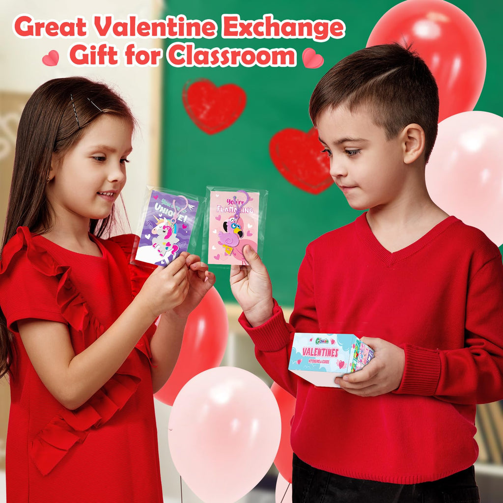 Gloween 30 Pack Valentines Day Cards for Kids, Cute Dinosaur Flamingo Mermaid Llama Unicorn Keychains, Great Classroom/Class Exchange Prizes Valentine Party Favors Gifts for Boys Girls