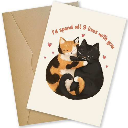 LINHARA Valentines Cat Love Card, 5x7 Inches Valentine Cards With Envelopes, I'd Spend All 9 Lives With You, Valentine Day Card, Valentines Gifts For Her, Cards For Wife, Gift For Husband, LGBTQ+ Gift