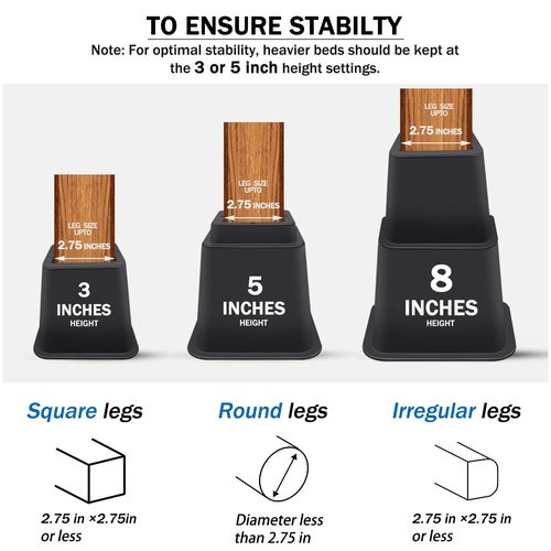 Bed Risers 8 inch Heavy Duty,Elevation in Heights 3, 5, 8 Inch，Adjustable Furniture Risers for Chair Table and Desk Legs Lifting (6 Pack,Black)