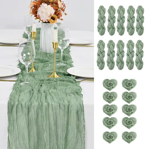 10PCS Sage Green Cheesecloth Table Runner 120*35ft Boho Gauze Fabric Cheese Cloth Table Runner Comes with 10 Cloth Napkins Runner for Romantic Wedding Birthday Shower Party Table Decoration