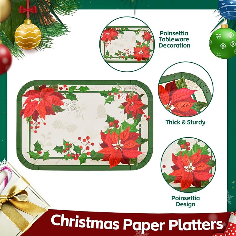 20 Count Christmas Poinsettia Paper Platters - 15 x 10.3 in Red/Green Heavy-Duty Disposable Trays (Variation: 20)